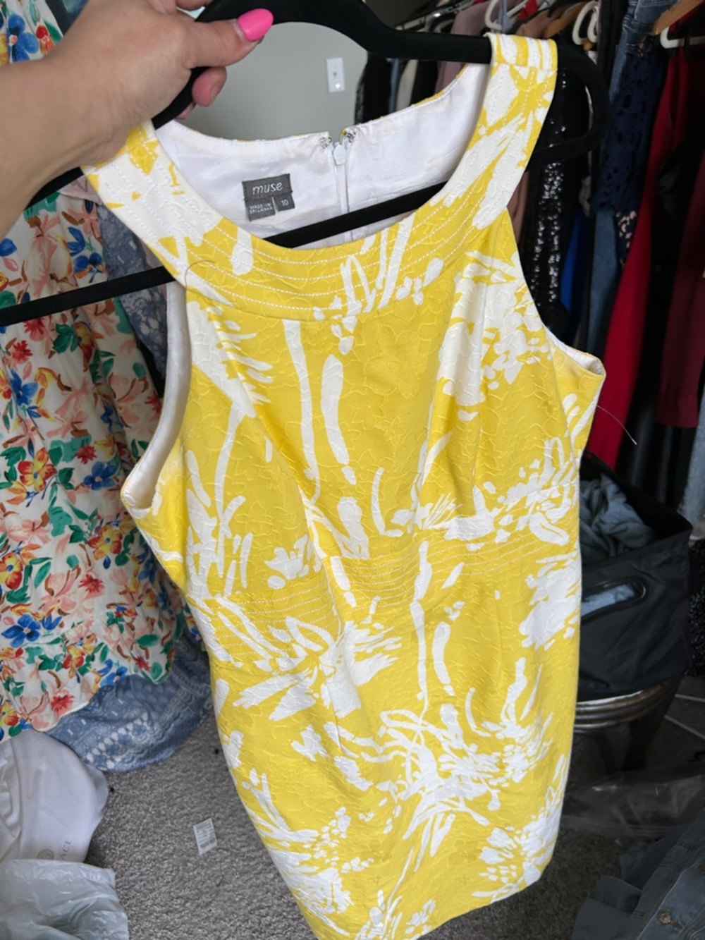 Muse Yellow Floral Textured Dress Size 10 Cotton Lined Summer Midi